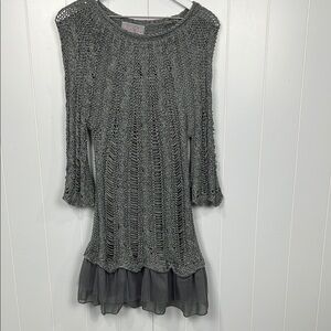 Pretty Angel Womens Open Crochet Tunic L Gray Pullover 3/4 Bell Sleeves Unique